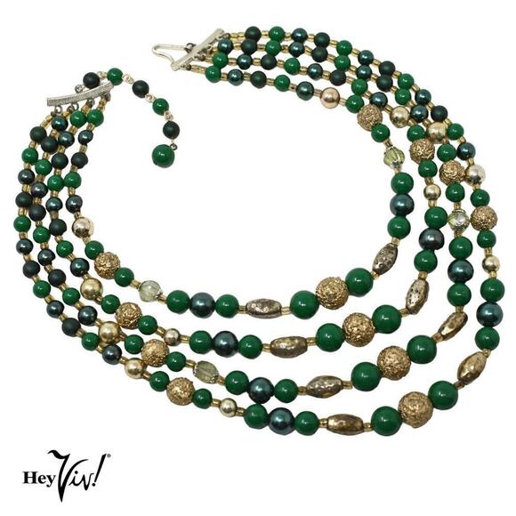 Vintage 1950s 4 Strand Green and Gold Textured Bead Necklace Japan 16" - Hey Viv - Picture 1 of 5